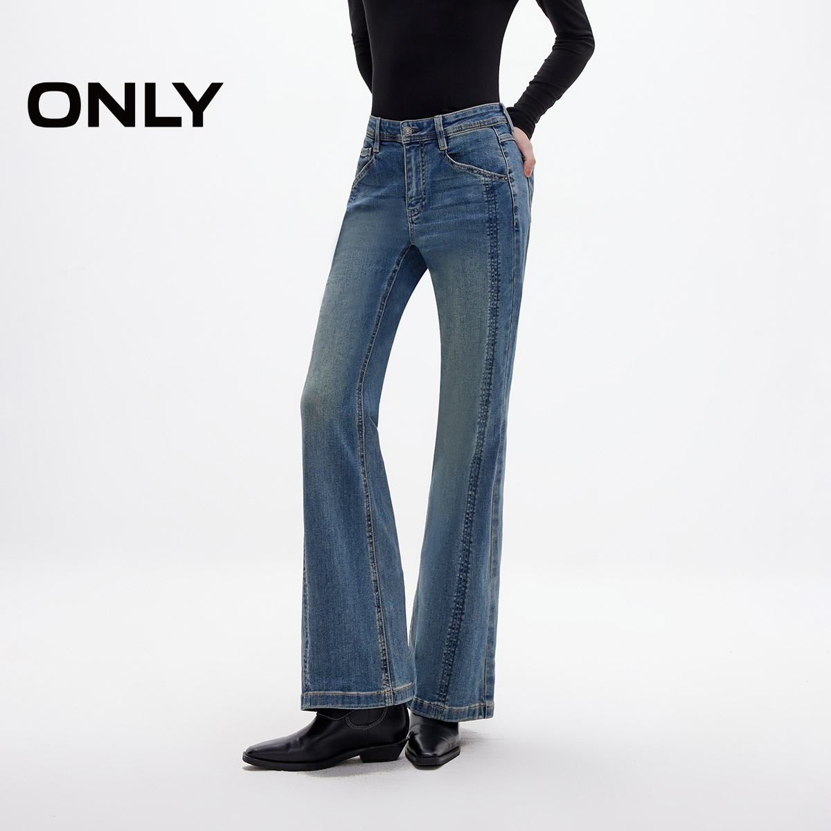 ONLY废土风做旧磨白喇叭裤牛仔裤