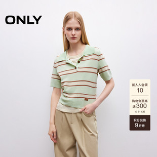 针织衫 上衣女 纽扣半开领口Polo领轻薄撞色条纹短袖 ONLY春季