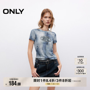显瘦正肩圆领短袖 ONLY2025夏季 做旧印花修身 新款 T恤女 潮流个性