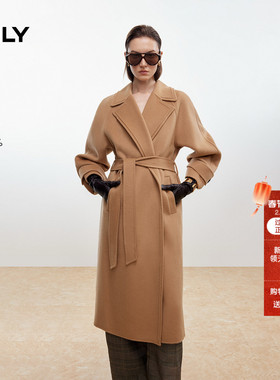 ONLY2025冬季新款100%绵羊毛双面呢翻领后开叉长款毛呢大衣外套女