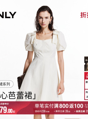 ONLY夏季复古蝴蝶结裙子白色高腰泡泡袖A字裙短裙连衣裙女