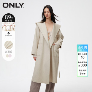 ONLY冬季 毛呢大衣外套 双面呢山羊绒绵羊毛浴袍连帽设计收腰中长款