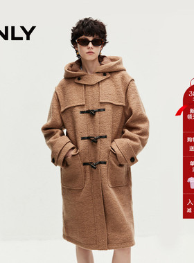 ONLY冬季含绵羊毛牛角扣连帽长款毛呢大衣女|12436U001