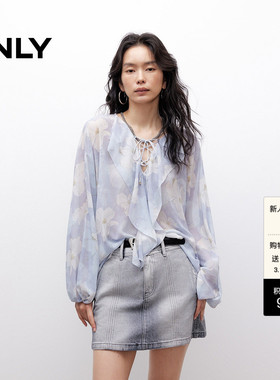 ONLY夏季法式荷叶边轻薄质感面料遮肉显瘦泡泡袖雪纺衫上衣女