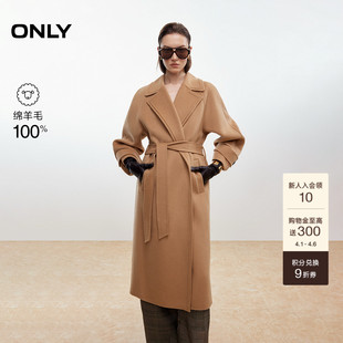 100%绵羊毛双面呢翻领后开叉长款 毛呢大衣外套女 新款 ONLY2025冬季