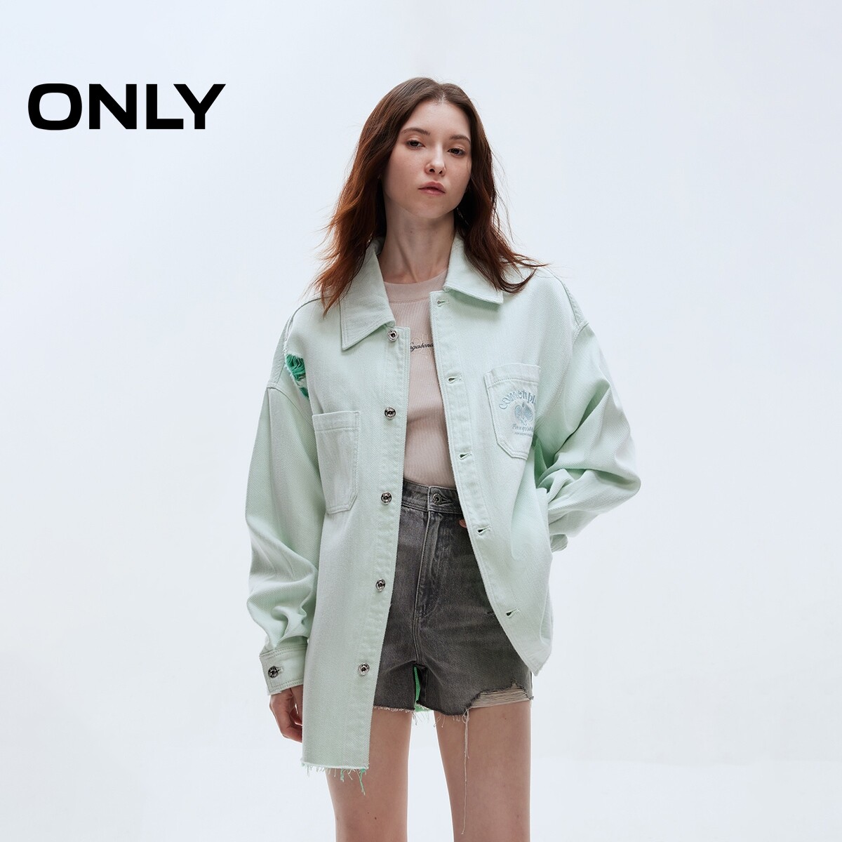 ONLY微阔胸前口袋刺绣牛仔外套女