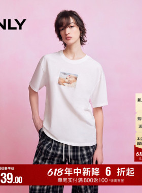 ONLY2026夏季新款可爱狗狗印花简约休闲宽松短袖白色上衣T恤女