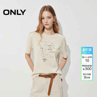 宽松上衣T恤女 文艺风艺术感花朵图案印花落肩袖 ONLY2026春季 新款