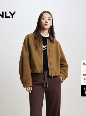 ONLY春季质感港风纯色拼接复古条绒翻领宽松PU夹克外套女