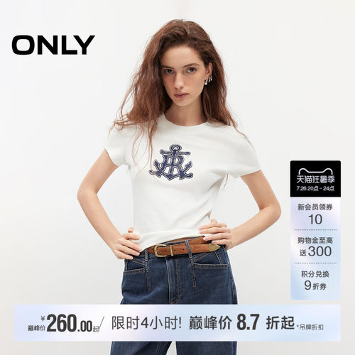 ONLY复古航海风印花修身正肩T恤