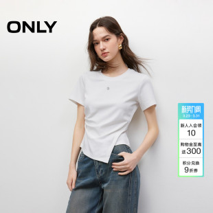 饰不对称正肩圆领短袖 上衣棉感褶皱金属装 T恤女 新款 ONLY2026春季
