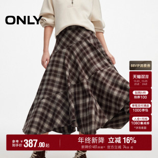 ONLY2026秋季新款垂坠感格纹格子中长裙不规则裙子松紧腰半身裙女
