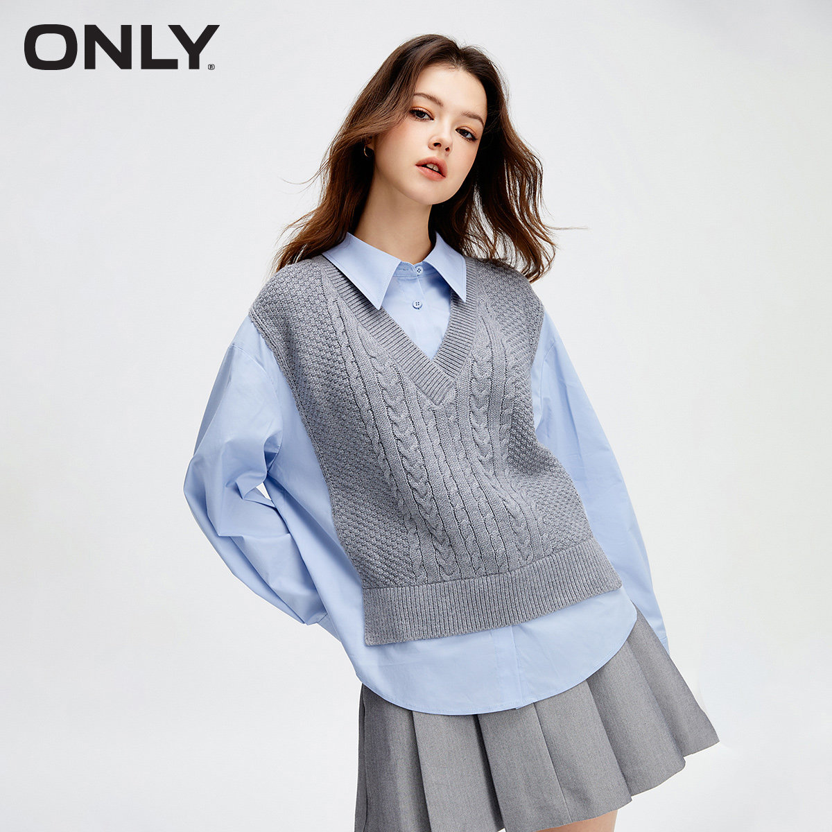 ONLY学院风洋气简约宽松翻领拼接长袖假两件马甲针织衬衫上衣女