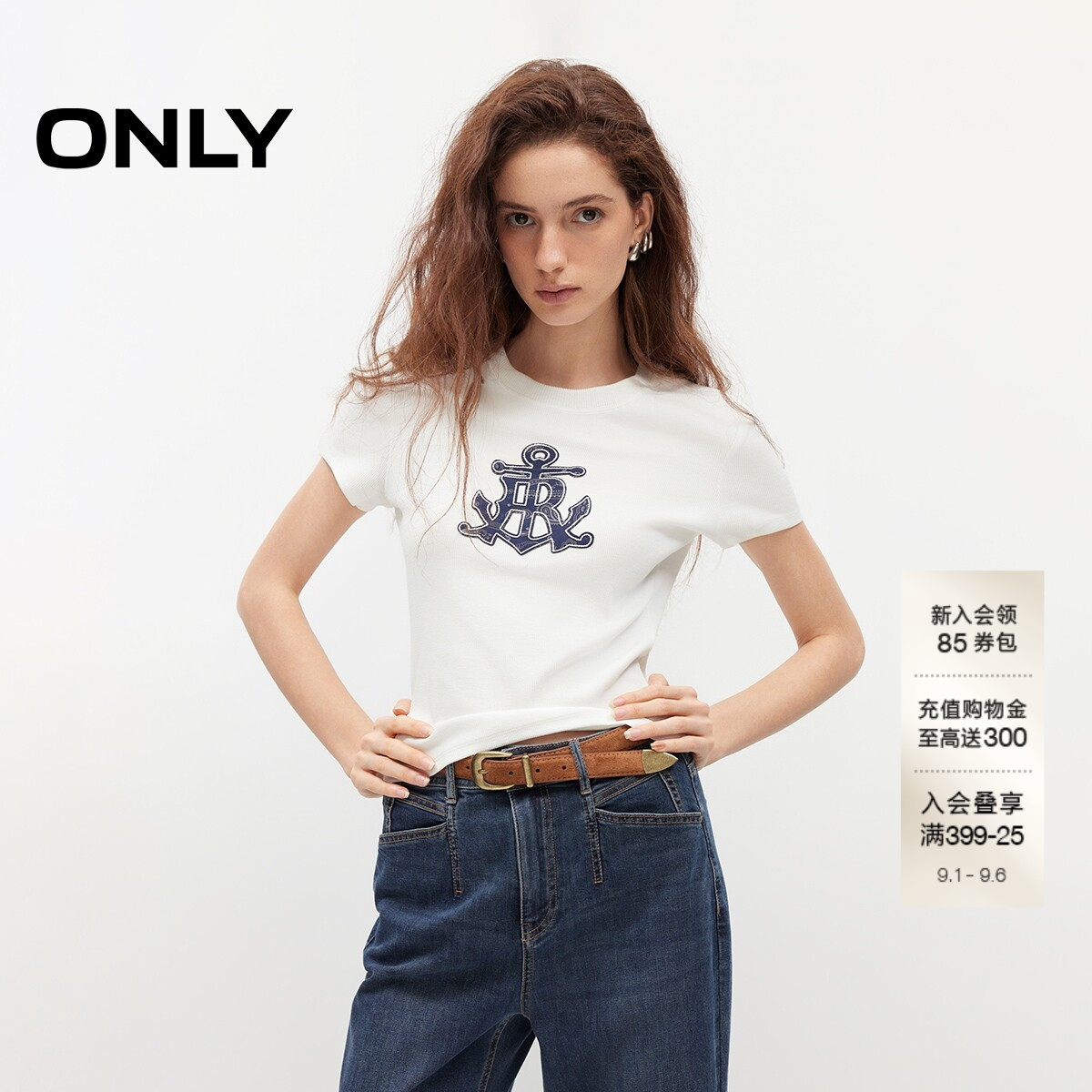 ONLY复古航海风印花修身正肩T恤图片