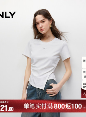 ONLY夏季收腰上衣棉感褶皱金属装饰不对称正肩圆领白色短袖T恤女