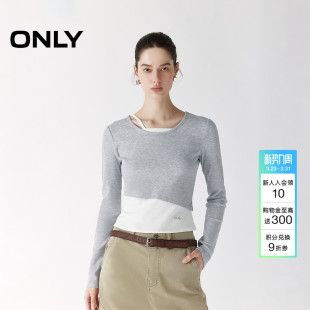 正肩圆领T恤女 假两件撞色设计刺绣字母LOGO修身 ONLY2026春季 新款