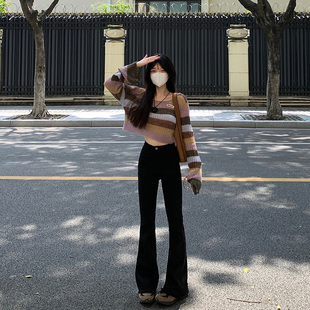 艾恩晟 黑色喇叭裤毛须边牛仔裤 高腰显瘦显高秋冬