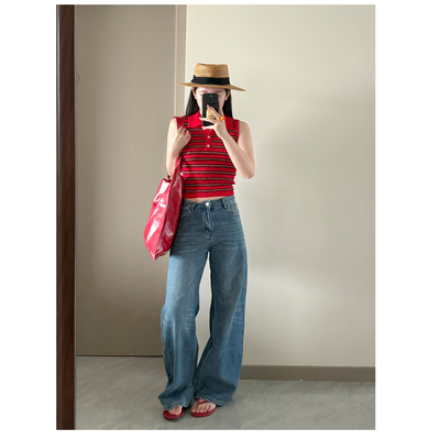 艾恩晟女浅蓝阔腿显瘦通勤牛仔裤