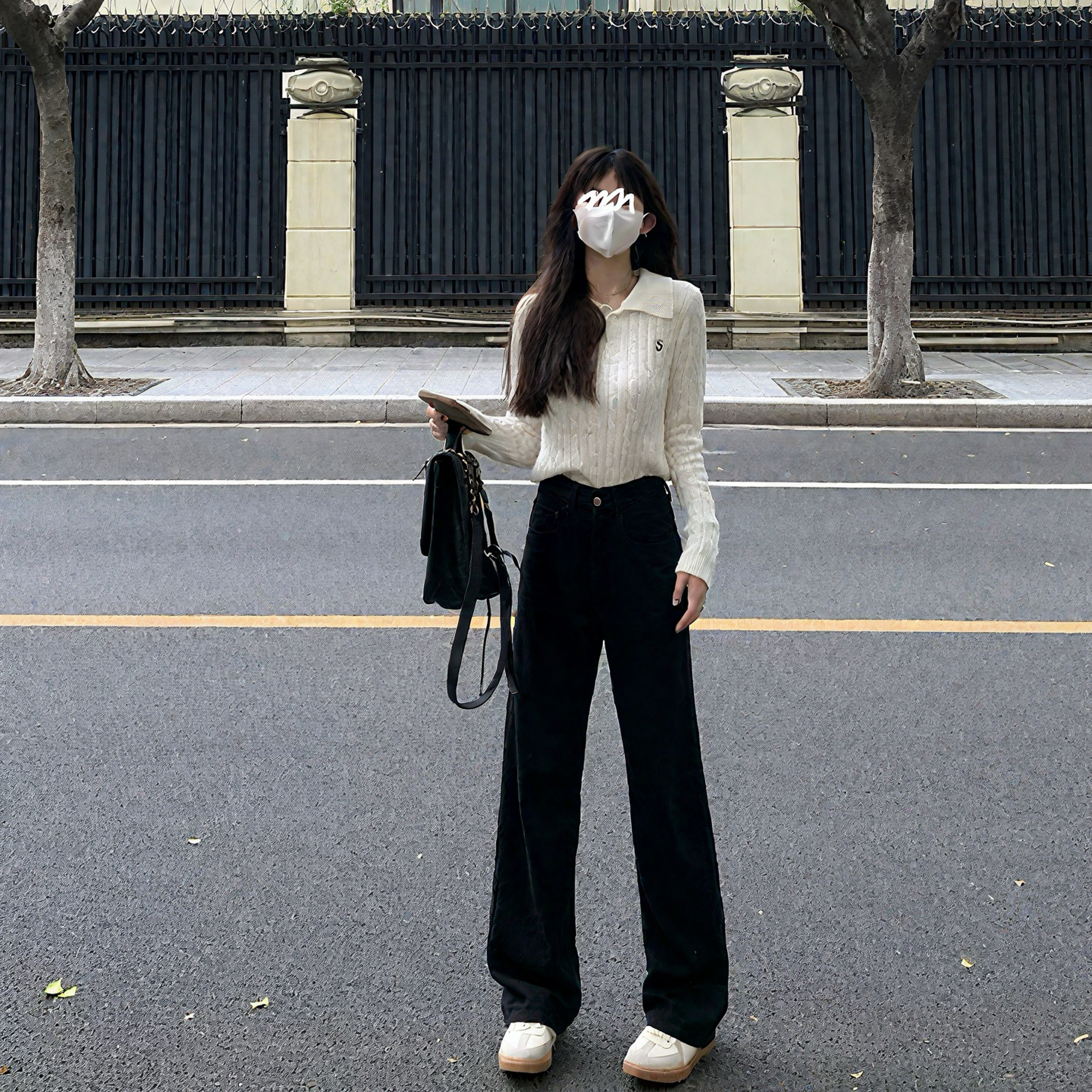 艾恩晟 牛仔裤黑色窄版阔腿裤女 高腰显瘦基础款宽松遮肉