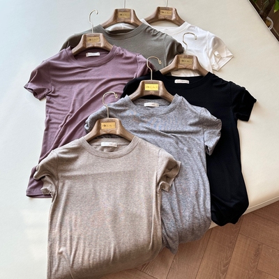 新款row轻柔软薄天丝羊毛高雅气质简约纯色显瘦百搭圆领短袖T恤女