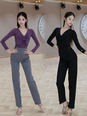 DRS拉丁舞服秋冬V领长袖上衣西装直筒裤黑灰紫色练舞教课女成人