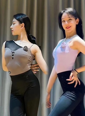 DRS拉丁舞服玫瑰花无袖网纱上衣咖色紫色斜肩连体衣女练功服表演