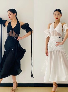 CLW摩登舞服白色黑色豹纹植绒珍珠挂脖连衣裙仙气飘飘表演艺考女