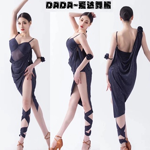 DADA拉丁舞服藏蓝色吊带连衣裙亮晶晶表演艺考服送花朵手圈女成人