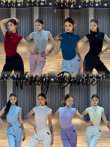 Wendy拉丁舞服无袖短袖螺纹上衣黑蓝红白灰紫绿蓝色练舞艺考表演