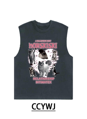 夏季猫咪印花高级感宽松休闲纯棉圆领重磅男女同款百搭无袖背心