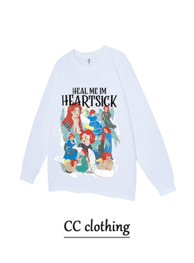 美式小众ins风卡通公主创意印花纯棉长袖潮牌重磅宽松百搭上衣