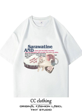 小众ins休闲百搭宽松可爱猫咪字母印花纯棉圆领短袖潮牌重磅T恤