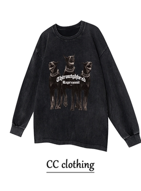 美式街头高街复古杜宾犬印花水洗做旧长袖男女宽松内搭上衣