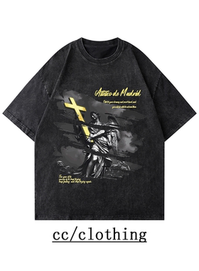 美式复古天使十字架字母印花圆领水洗做旧宽松短袖高街欧美风