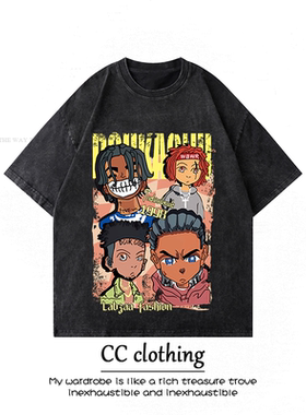 美式小众创意卡通人物印花水洗做旧短袖重磅T恤潮牌高街上衣