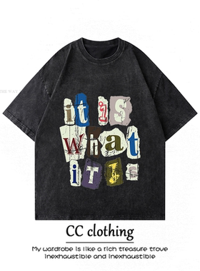 美式小众街头ins字母创意设计印花水洗做旧短袖潮牌复古重磅T恤