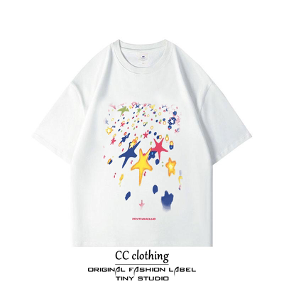 美式小众街头休闲星星雨创意设计印花纯棉圆领短袖潮牌重磅T恤