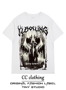 美式街头潮牌天使十字架纯棉男女短袖重磅260gT恤欧美高街风上衣