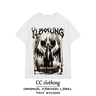 美式街头潮牌天使十字架纯棉男女短袖重磅260gT恤欧美高街风上衣