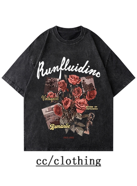 水洗做旧美式复古vintage玫瑰花t恤男女款ins潮牌短袖百搭上衣