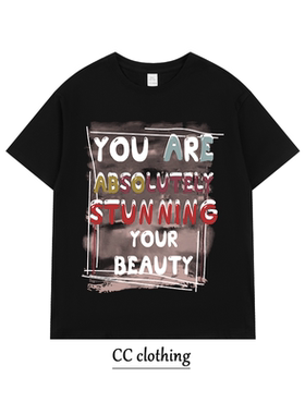 美式高街休闲ins字母印花T恤潮牌高街纯棉男女学生圆领宽松短袖