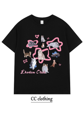 美式高街小猫咪字母印花T恤潮牌高街纯棉男女学生圆领宽松短袖