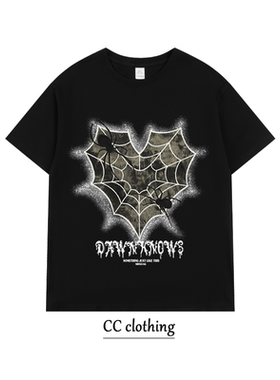 美式高街爱心蛛网创意印花T恤潮牌高街纯棉圆男女领宽松短袖