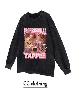 美式小众街头复古可爱猫咪印花水洗做旧长袖男女潮牌重磅上衣