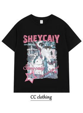 CC美式高街猫咪字母创意印花T恤潮牌高街纯棉圆男女领宽松短袖