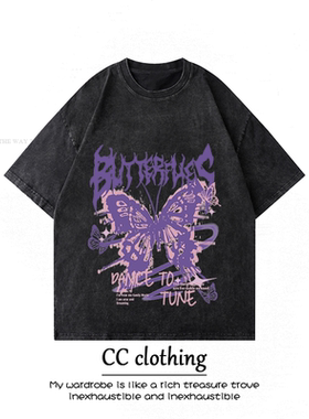 美式小众街头ins复古设计感蝴蝶印花水洗做旧短袖潮牌高街男女T恤