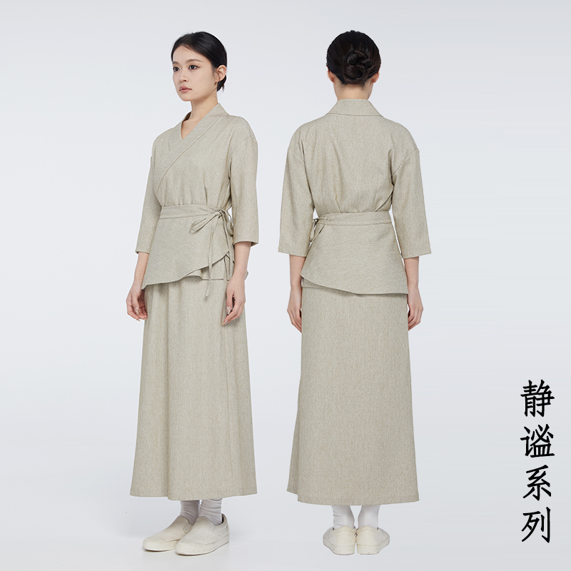 爱斯坦新中式餐饮工作服茶馆高档素食餐厅服务员服装仿棉麻复古风