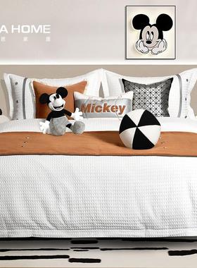 现代趣味儿童房简约样板间ins橙色米奇音乐屋主题几何床品四件套