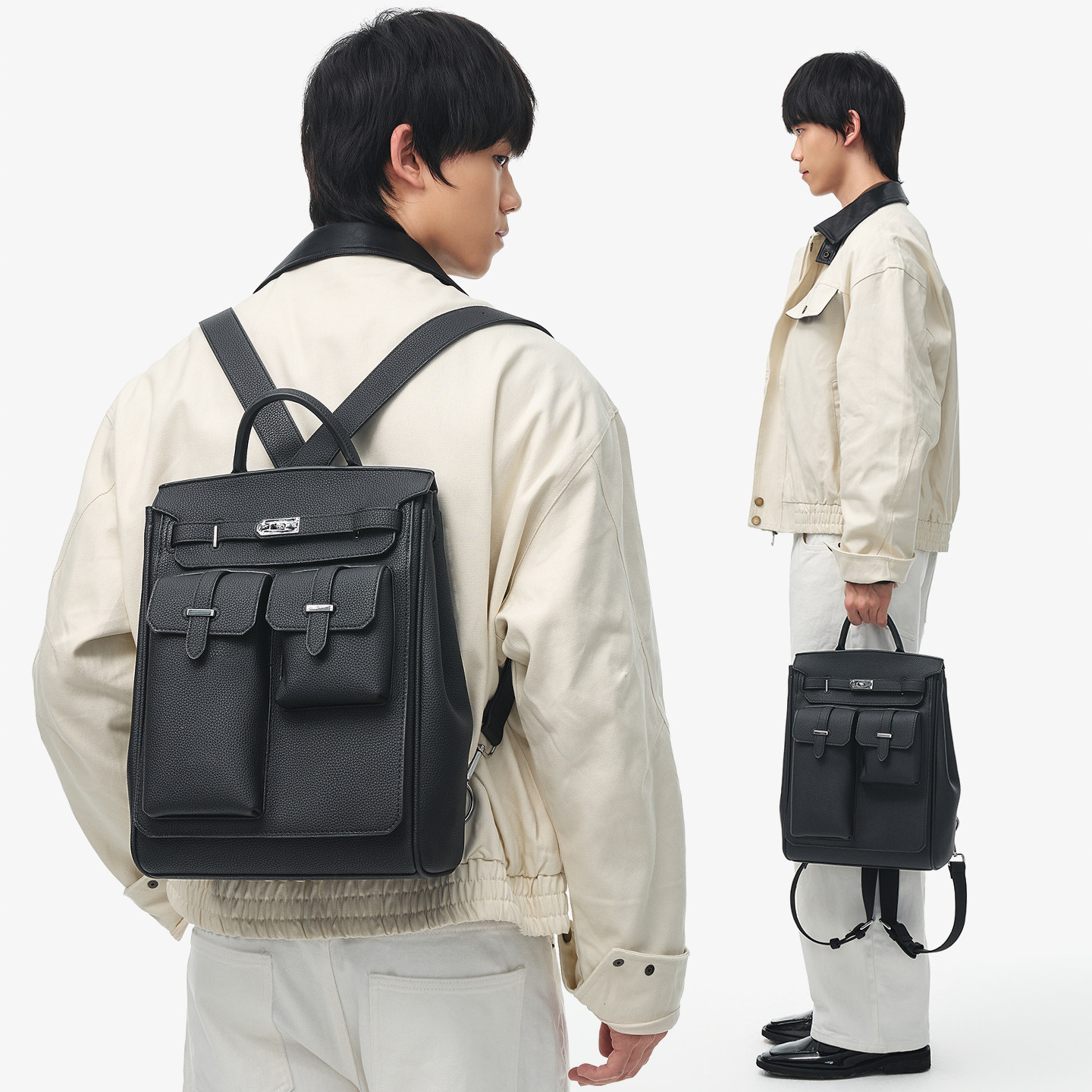 NESBIT【铂爵】英伦风商务双肩包男荔枝纹皮质通勤背包轻奢铂金包