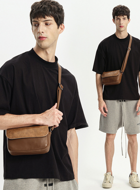 2025新款男士小挎包日系复古休闲单肩包潮牌斜挎包皮质翻盖邮差包